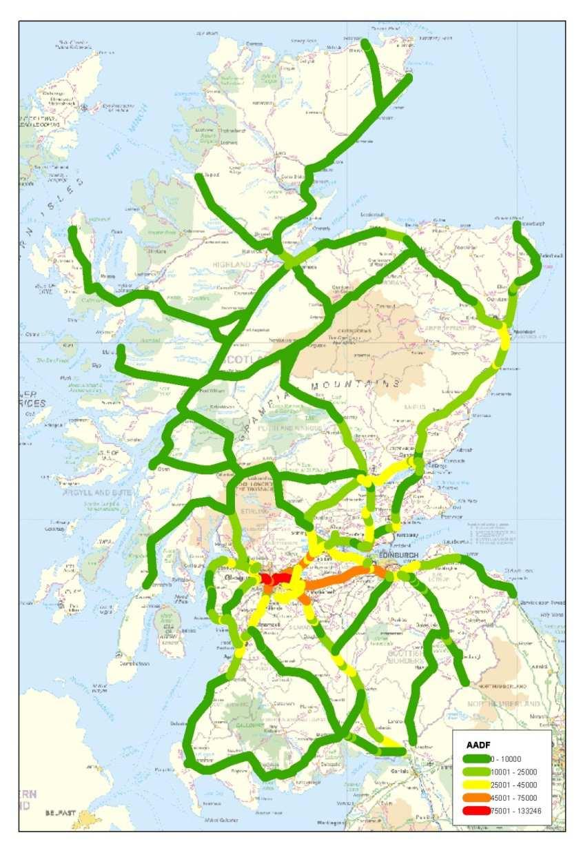 TrunkRoad Network Population 5,327,700 Area 78,772 sq km GVA 117,116 million Trunk Road 3,405 km 6% of total Scottish road network 39% of all traffic 63% of all HGV traffic 1,900 bridges 4,100 other