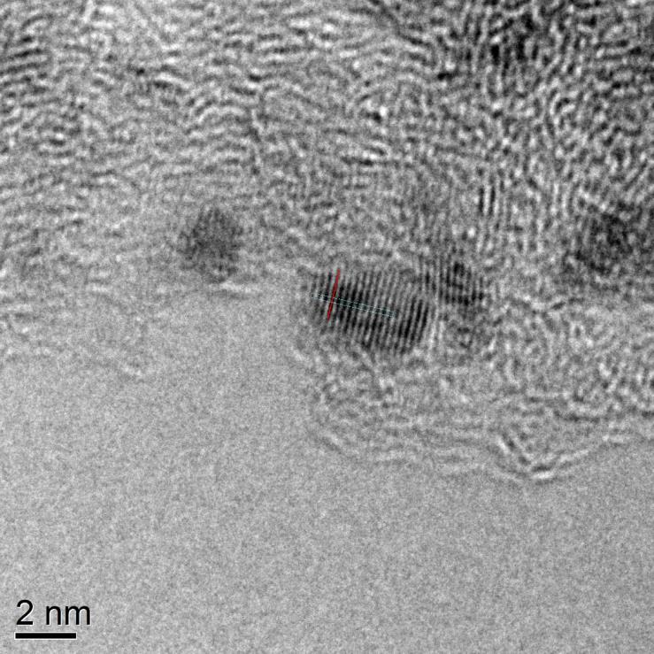Figure 4: TEM bright field image of 2% Mn/Rh/CNT sample at 600Kx, showing the