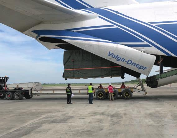 Due to heavy issued the landing permit. weather conditions, loading the cargo from the trailer onto the AN-124-100 aircraft s roller system The timeline was challenging.