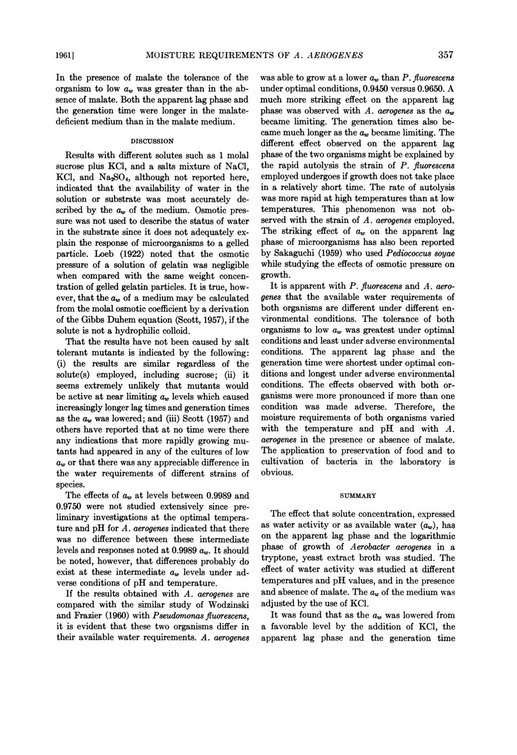 1961] MOISTURE REQUIREMENTS OF A. AEROGENES 357 In the presence of malate the tolerance of the organism to low a, was greater than in the absence of malate.
