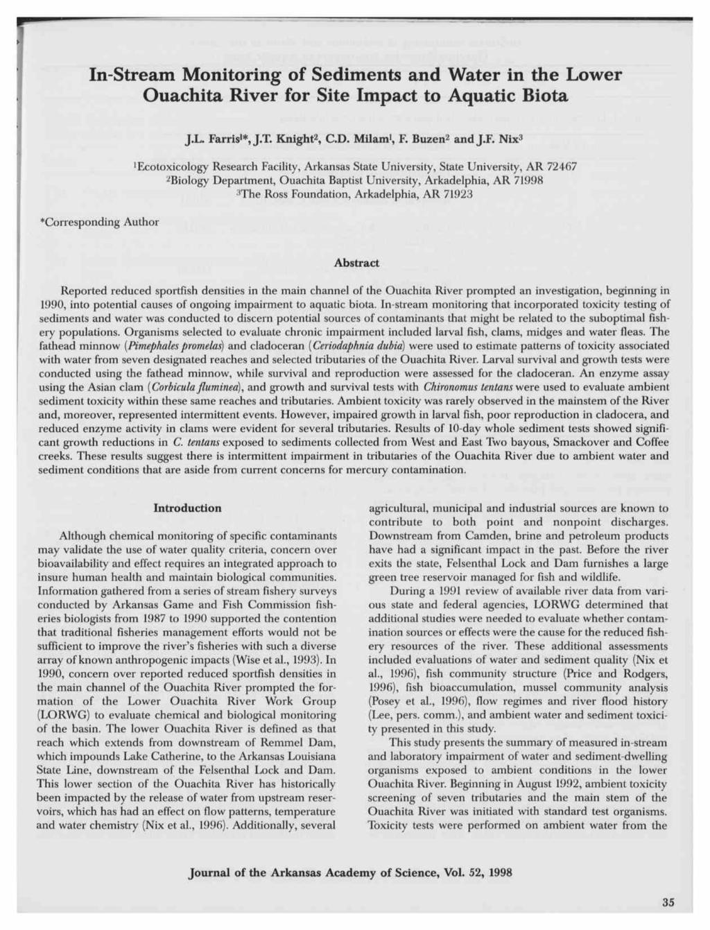 35? In-Stream Monitoring of Sediments and Water in the Lower Ouachita River for Site Impact to Aquatic Biota ""Corresponding Author J.L. Fa