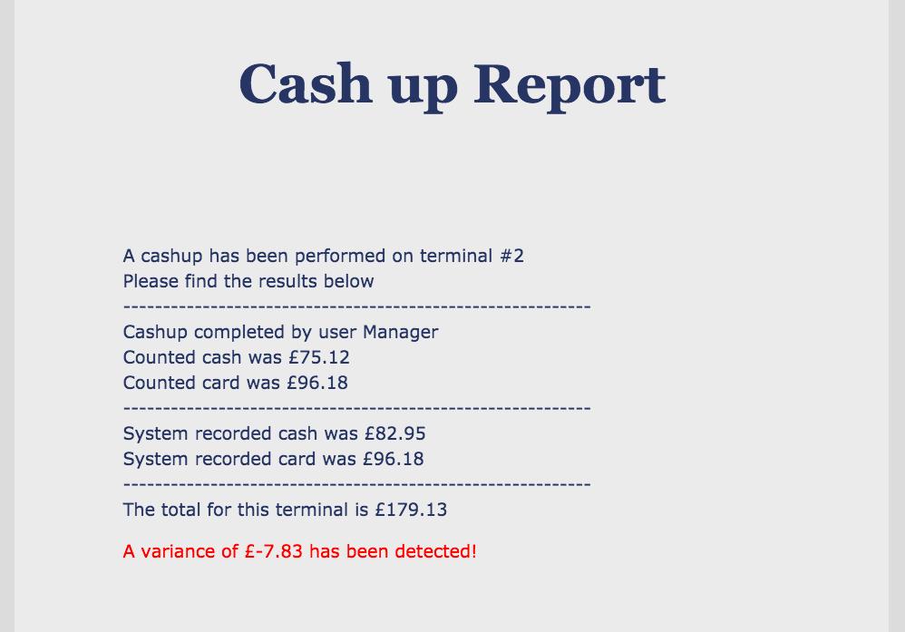 The information is then added to your back office account and will appear in reports, including the daily cashup report, which is automatically emailed to you, and the Z report described in the