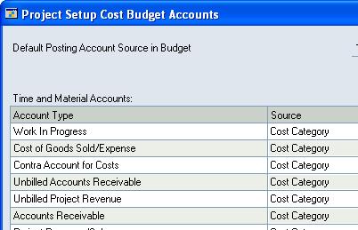 PART 1 POSTING SETUP AND CONTROL 1. Open the Project Setup Cost Budget Accounts window. Microsoft Dynamics GP menu > Tools > Setup > Project > Project > Accounts button 2.