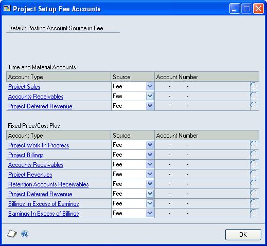 CHAPTER 1 POSTING SETUP 1. Open the Project Setup Fee Accounts window. Microsoft Dynamics GP menu > Tools > Setup > Project > Project > Fee Accounts button 2.