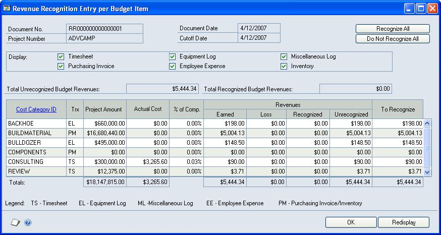 PART 2 REVENUE RECOGNITION 1. Open the Revenue Recognition Entry per Budget Item window. Transactions > Project > Billing > Revenue Recognition > Budget expansion button 2.