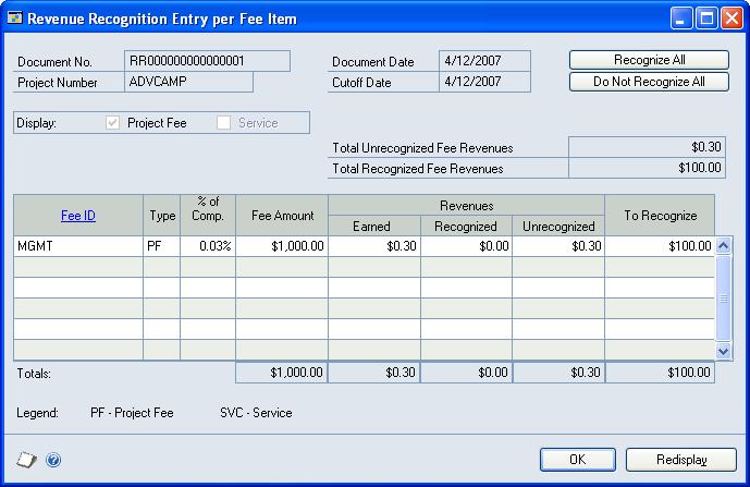 CHAPTER 4 REVENUE RECOGNITION TRANSACTIONS 1. Open the Revenue Recognition Entry per Fee Item window. Transactions > Project > Billing > Revenue Recognition > Fee expansion button 2.