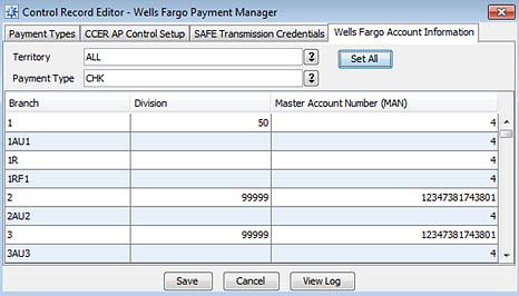 Rel. 8.7.9 Release 8.7.9 Wells Fargo Account Information tab - Identify by payment type the Division and Master Account Number (MAN) for each branch. Vendor Maintenance Enhancements In Release 8.7.9, after enabling the Wells Fargo Payment Manager feature, the system activates a new Wells Fargo Payment Manager tab in Additional Vendor Information window of Vendor Maintenance.
