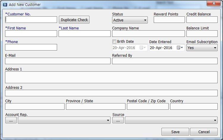 Back Office interface > Customer > Customer Detail Click Add New button from customer detail window. Enter Customer No., First Name, Last Name, Phone and other contact information as well.
