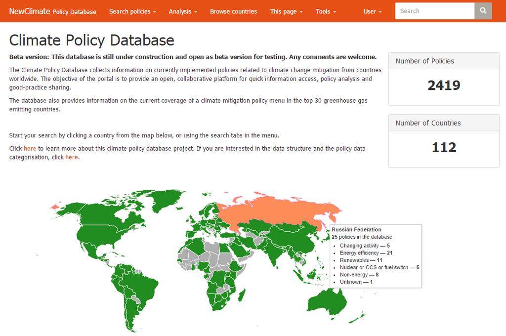 Figure 7. Home page of the climate policies database website (climatepolicydatabase.