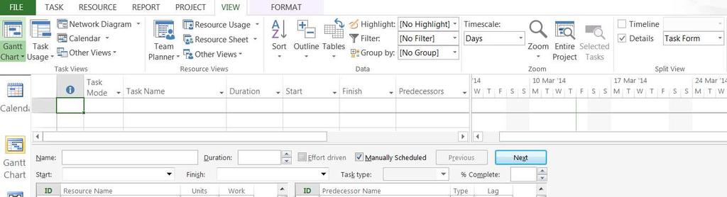 3 Task Entry Split Screen You can split the Gantt Chart Sheet to enable you to also view the Task Entry Sheet and Gantt