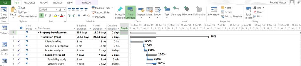 Increase or decrease the columns to minimise wasted space, adjust the Gantt chart using the zoom (in/out) to display the maximum level of information in the Gantt chart for the report.