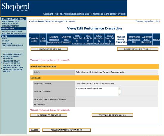 After you click on Continue to Next Page you will see a screen similar to the one below, called the Performance Improvement Plan.