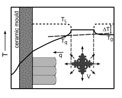 The constrained solidification requires a steep thermal gradient to be present in the liquid ahead of the columnar dendrite tip, Fig. 2a.