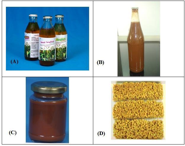 Figure 6: A. Ready-To-Serve (RTS) Sweet sorghum-based beverage; B-Tamarind- Sweet Sorghum Sauce; C- Sweet sorghum-based tomato sauce; D-Sweet sorghum crispies. Table 4.