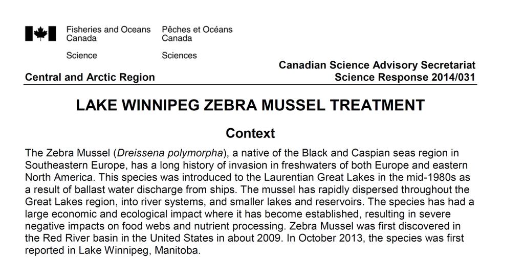 Treatment Options Considered for Lake Winnipeg No Action Physical Treatments: hand picking; re-suspending sediments;