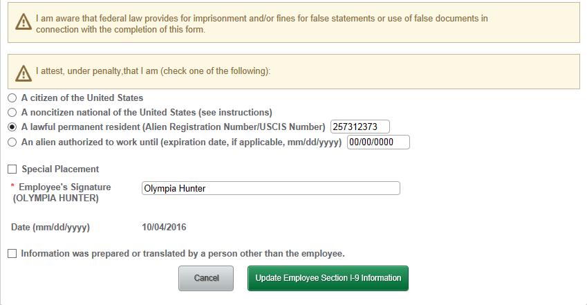 At the bottom of the form, the employee will clarify his or her citizenship status and sign the document.