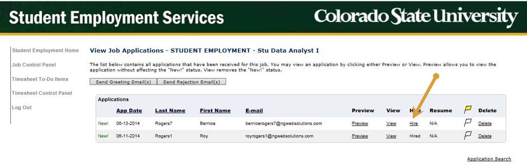 1. If you wish to hire a student, click the View Applicants link next to the