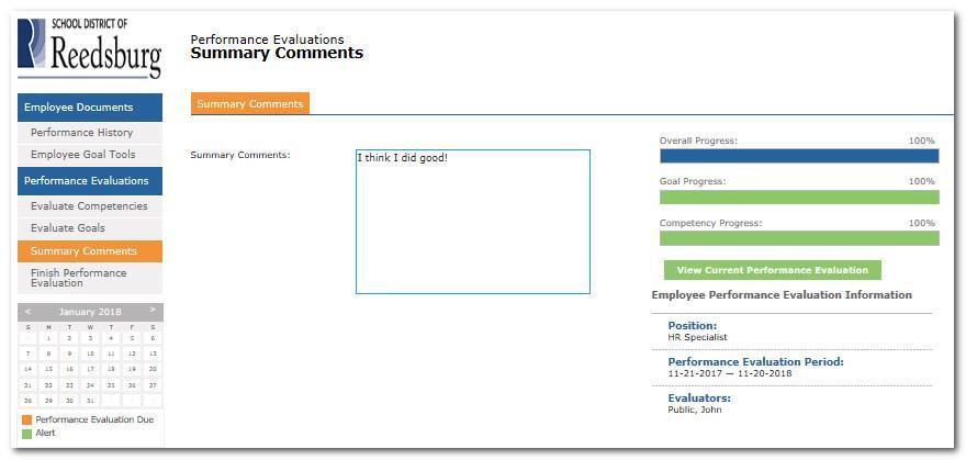 Summary Comments (Performance Evaluation > Summary Comments) Summarize performance for the Performance Evaluation