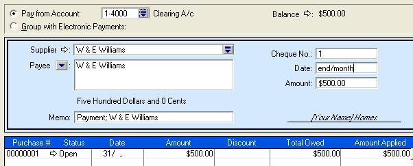 Entering the Payment to W & E Williams - $500 Situation: W & E Williams owes the business $0.00 The business still owes W & E Williams $500.00 Balance of Clearing A/c $500.