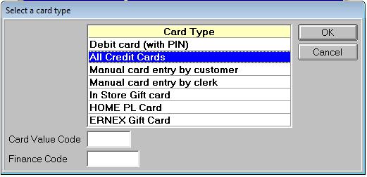 5. Press T twice to the bankcard field and press J. The Select a Card Type window appears. Press b to highlight All Credit Cards. 6.