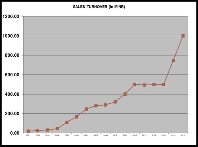 SALES TURNOVER Year Sales 2001 21.00 2002 26.00 2003 31.00 2004 46.00 2005 111.00 2006 167.00 2007 248.00 2008 280.