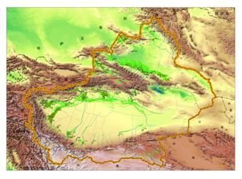 Figure 2. Topographic map of Xinjiang, China with green color shows cultivated area (Xinjiang Institute of Ecology and Geography, 2009).