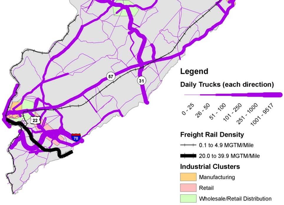Interstates 78 and 80, which traverse the County in the eastto west direction, each accommodate more than 18,000 trucks per day on some segments, while portions of US Routes 22 and 46, and NJ Routes