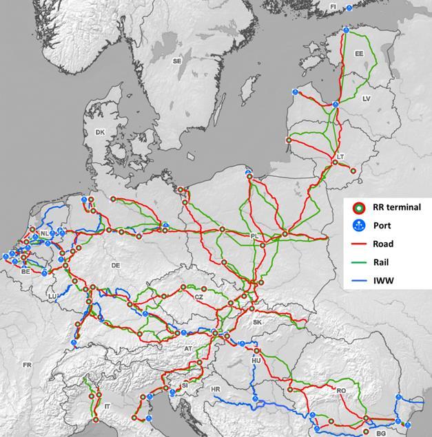 Mapping of logistical infrastructure core TEN-T corridors Four TEN-T corridors have key importance for COP transportation A - Baltic-Adriatic Road: 3.617.345 km Rail: 4.666.