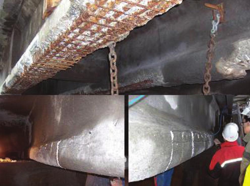 This installation represents an example of a targeted application of the treatment. The steel in repair material does not normally need intensive treatment, as repair materials are chloride free.