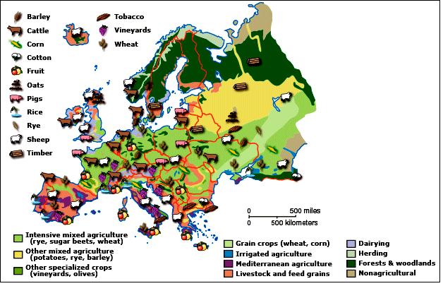 Look at the map below and answer the following questions: 1. What is the main type of farming in Scandinavia? 2. What crops are grown in the Mediterranean? 3.