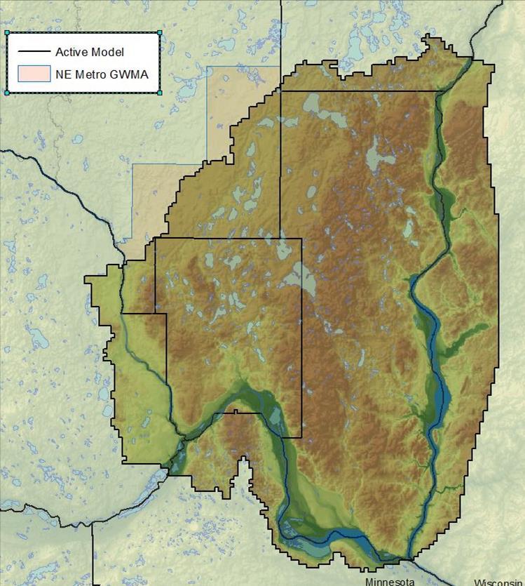 NEML Model Boundary East - MM3 boundary N North - DNR Level 8 watersheds West/South - DNR