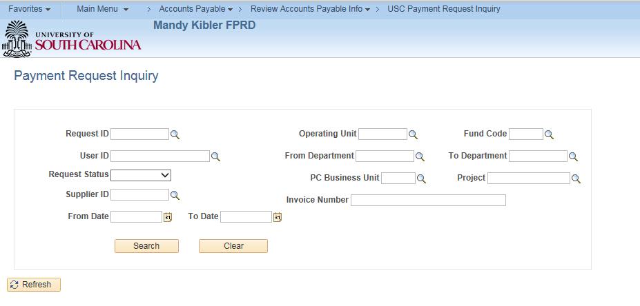 Payment Request Inquiry Search on any of the