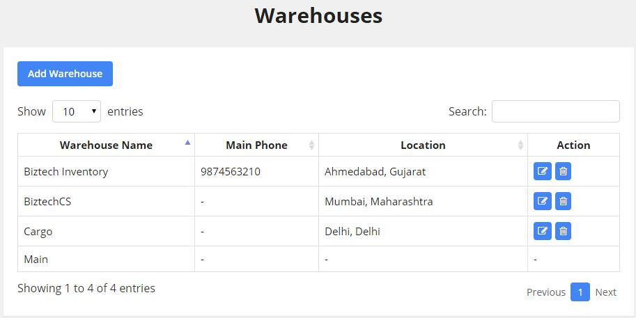 Warehouse Clicking on warehouse option under manage warehouse get list of warehouses. From the list itself user can add, edit, delete warehouse Note: Main warehouse cannot be edited or deleted.