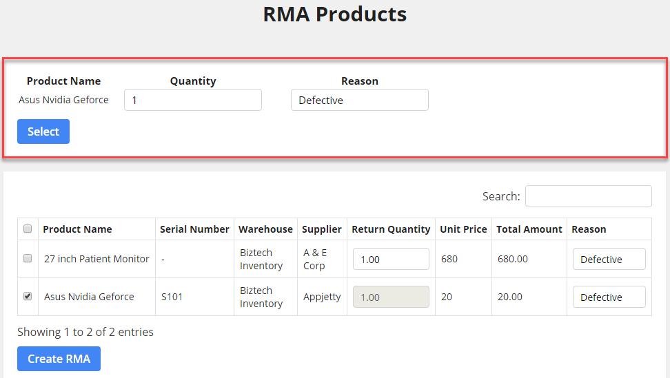 Generating RMA Once you have fulfilled the order you can create an RMA for the same. To create an RMA go to the detail view of the order and click on Create RMA button.
