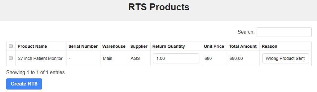 Generating RTS Once purchase order has been fulfilled, you can create RTS for the same. To create RTS go to the detail page of Purchase Order and click on Create RTS button.