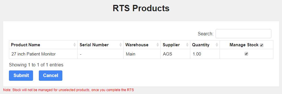 Click on Complete RTS option to complete RTS. On completion of RTS and selection of manage stock option, stock will be outwarded from the inventory.
