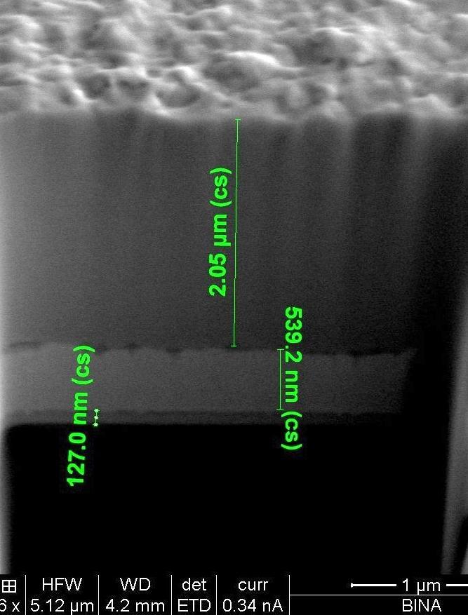 Consecutive metallic layers on ITO-PET (FIB image) Two or more consecutive metallic layers can be deposited on TCO.