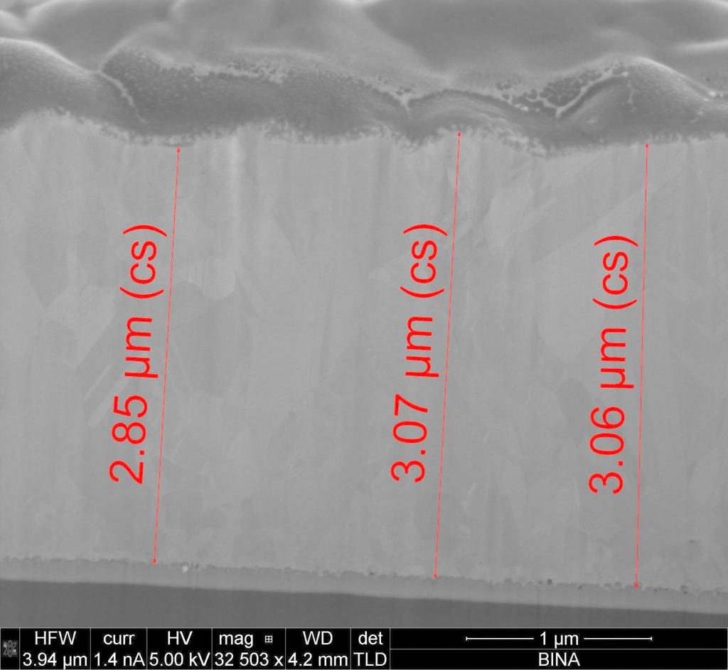 deposition on ITO glass 10 Ohm/sq (FIB image) Glass Cross-section ITO The layer thickness here is 3 mkm.