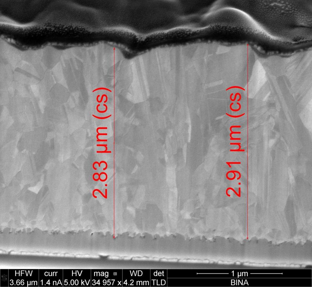 deposition on FTO - glass 15 Ohm/sq (FIB image) Glass Cross-section FTO The layer thickness here is 2.8 mkm.
