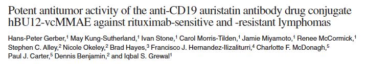 Seattle Genetics CD19 ADCs Denintuzumab mafodotin (SGN-CD19A) humanized CD19 monoclonal conjugated to (MMAF) via a maleimidocaproyl linker.