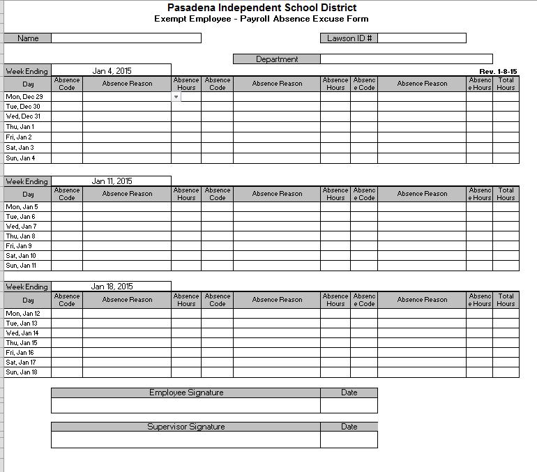 This form is for those employees on the administrator and exempt pay scale to show their absences in full or half-day increments. It does not track hours worked.