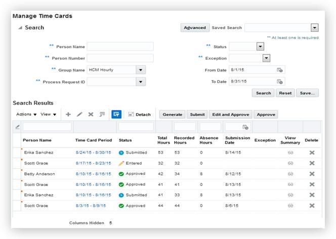 MANAGING AND GENERATING TIME CARDS Use the enhanced Manage Time Cards page to search for and view time cards for many people.