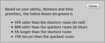 A website was developed to interactively allow users to identify, process and display routes, and to enable users to graphically compare the safest, shortest and fastest routes (Figure 4).