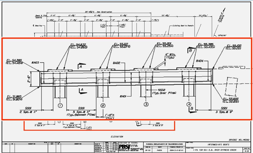 Plan Set Sheet 10 October 2018 Pile Driving Inspector Release 10, Module 3-39 The intermediate bent details sheet includes information such as the top of piles, bent dimensions,