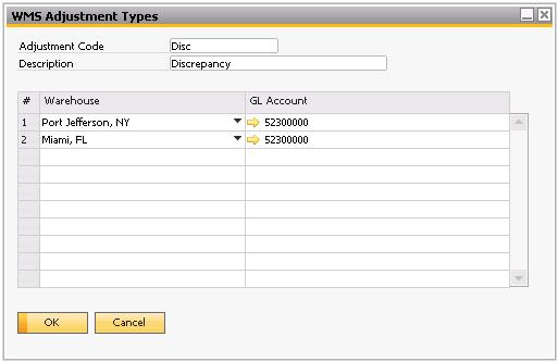 WMS Adjustment Types Administration > Resolv Setup > Resolv Warehouse Management > WMS Adjustment Types You may create one or more adjustment types, which will be used when entering inventory