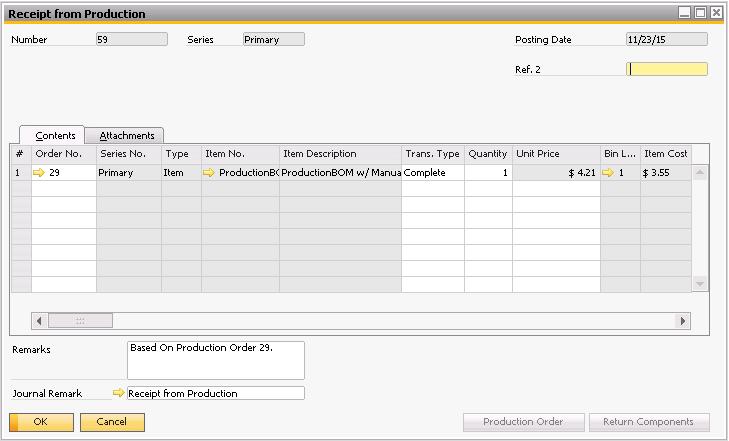 Complete the receipt by clicking on Finish. 6. The system creates a Receipt from Production document. 7.