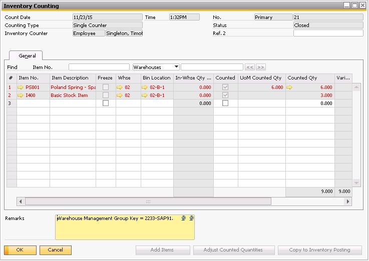5. After you hit Finish, WMS will create a standard SAP Inventory Counting document for the items and bins you counted.