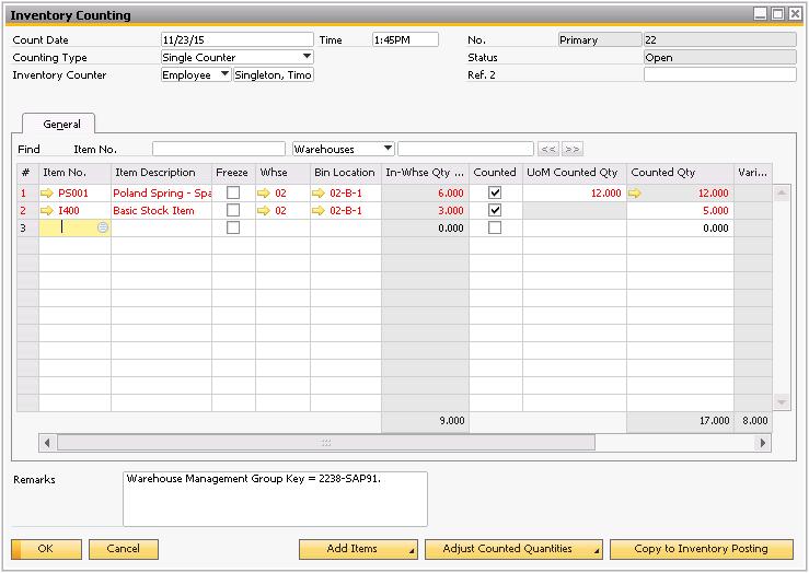 5. After you hit Finish, WMS will create a standard SAP Inventory Counting document for the items and bins you counted.