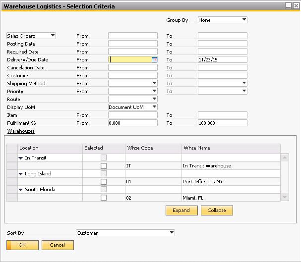 Selection Criteria The Selection Criteria screen of the Logistics Manager provides many options for determining which orders will be available for picking.
