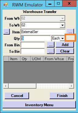 Transfers When doing a transfer between bins in the same warehouse for a standard SAP Serial Managed item, you are required to use the button to select the serial numbers.